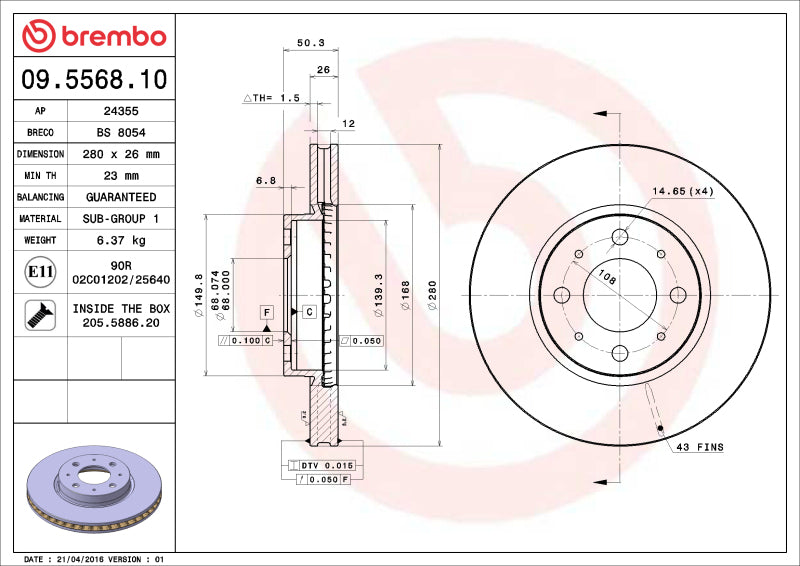 Brembo 1993 Volvo 850 Front Premium OE Equivalent Rotor