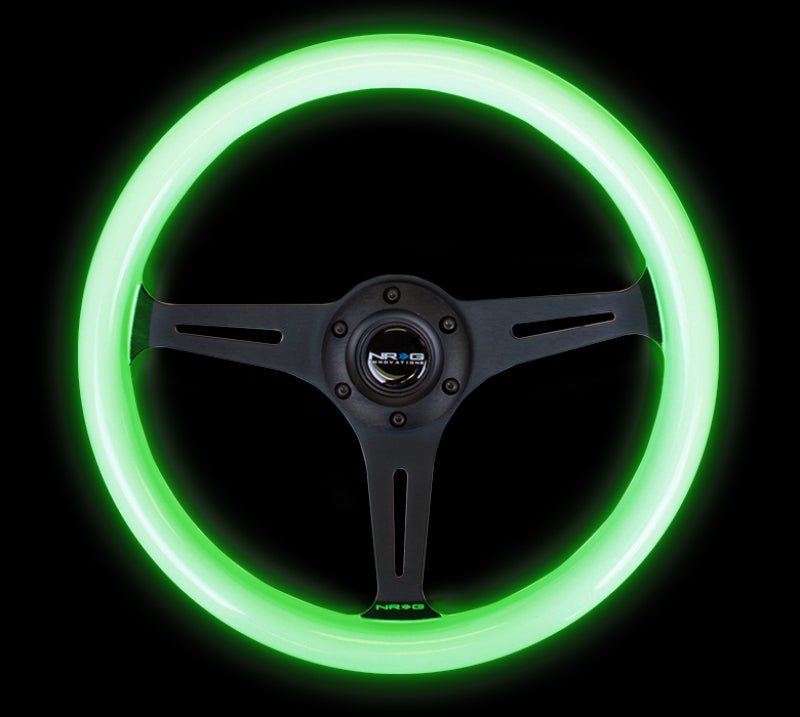NRG - Classic Wood Grain Steering Wheel (350mm) Glow-N-The-Dark Green Grip w/Black 3-Spoke Center