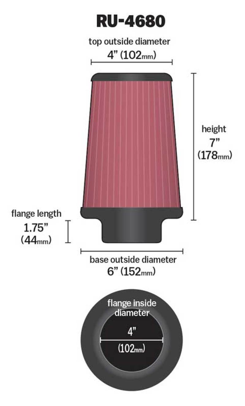 K&N Universal Clamp-On Air Filter 4in FLG / 6in B / 4in T / 7in H