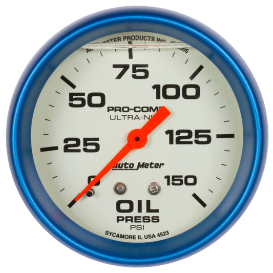 Autometer Ultra-Nite 2-5/8in 0-150 PSI Liquid Filled Mechanical Glow In Dark Oil Pressure Gauge