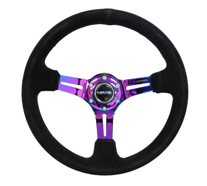 NRG - Reinforced Steering Wheel (350mm / 3in. Deep) Blk Suede/Blk Stich w/Neochrome Slits