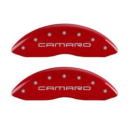 MGP 4 Caliper Covers Engraved Front Gen 4/Camaro Engraved Rear Gen 4/Z28 Red finish silver ch