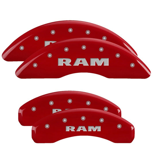 MGP 4 Caliper Covers Engraved Front & Rear 2019 Ram 1500 Red Finish Silver RAM Logo