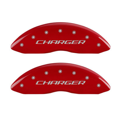 MGP 4 Caliper Covers Engraved Front Charger Engraved Rear RT Red finish silver ch