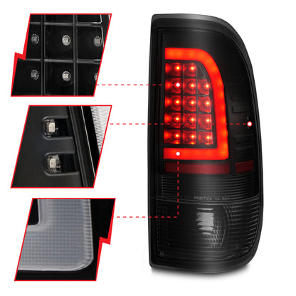 ANZO 1997-2003 Ford F-150 LED Tail Lights w/ Light Bar Black Housing Smoke Lens