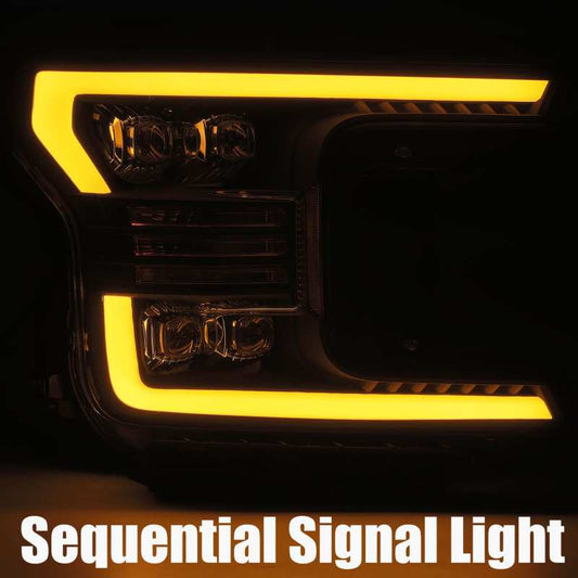 AlphaRex 18-19 Ford F-150 NOVA LED Projector Headlights Plank Style Chrome w/ActivLight/Seq Signal