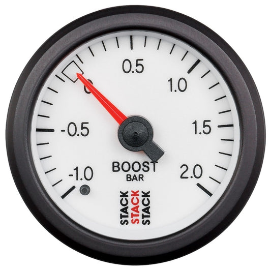 Autometer Stack 52mm -1 to +2 Bar T-Fitting 0.187in Barb (M) Mechanical Boost Pressure Gauge - White