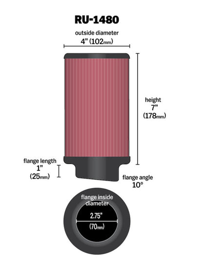 K&N Filter Universal Rubber Filter 10 Degree Flange Angle 4in OD x 2.75in Flange ID x 7in H