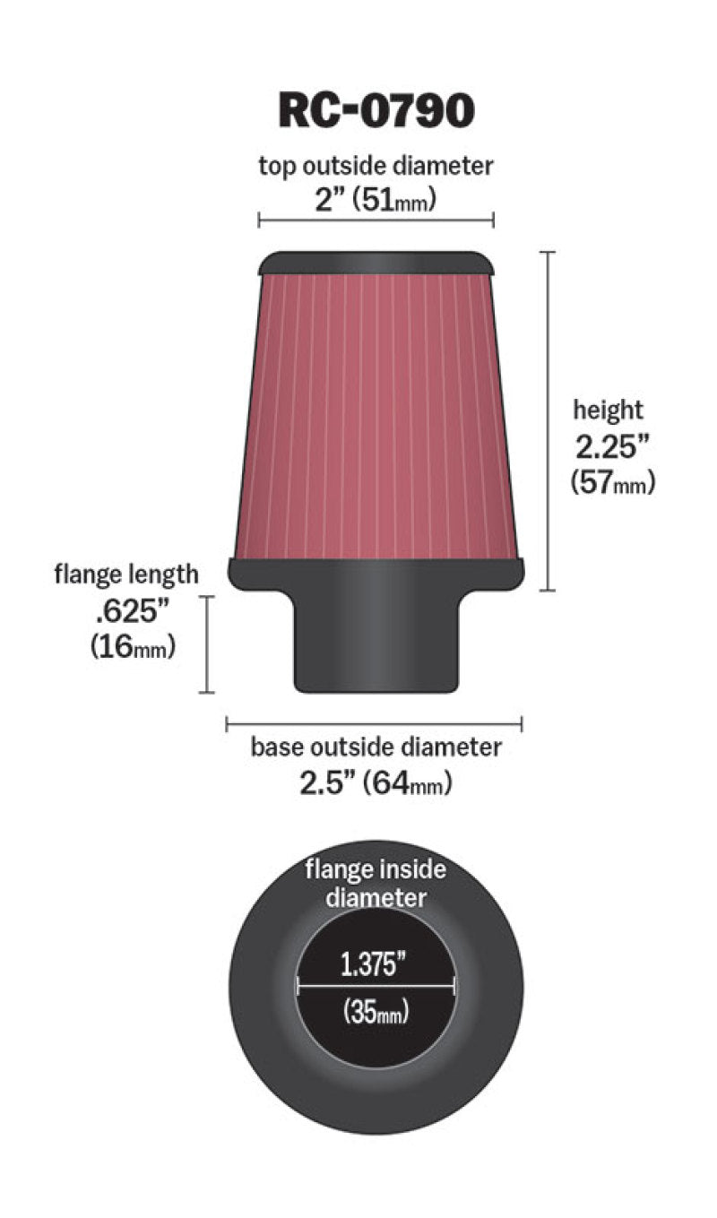 K&N Universal Chrome Filter 1 3/8 inch FLG / 2 1/2 inch Base / 2 inch Top / 2 1/4 inch Height