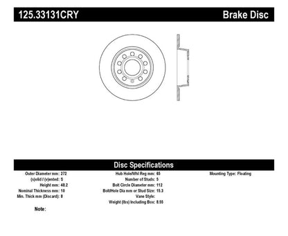 Stoptech 10-13 VW Golf/GTI/Jetta w/ 272mm Rear Disc Rear Premium High Carbon Cryo Brake Rotor