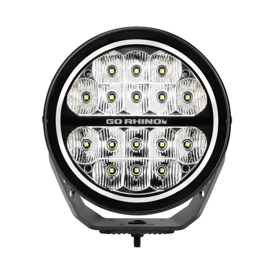 Go Rhino Xplor Blackout Series Round LED Spot Light Beam w/DRL (Surface/Thread Stud Mnt) 7in. - Blk