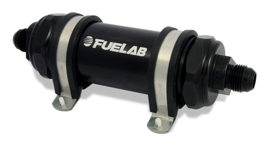 Fuelab 858 In-Line Fuel Filter Long -10AN In/Out 10 Micron Fabric w/Check Valve - Black