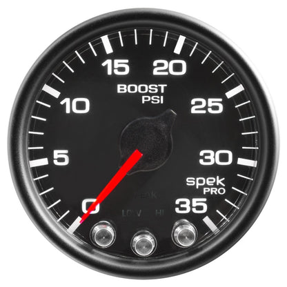 Autometer Spek-Pro Gauge Boost 2 1/16in 35psi Stepper Motor W/Peak & Warn Black/Black