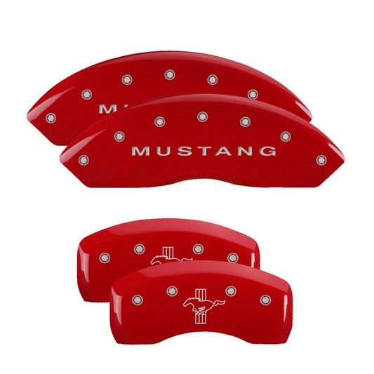 MGP 4 Caliper Covers Engraved Front Mustang Engraved Rear Bar & Pony Red finish silver ch