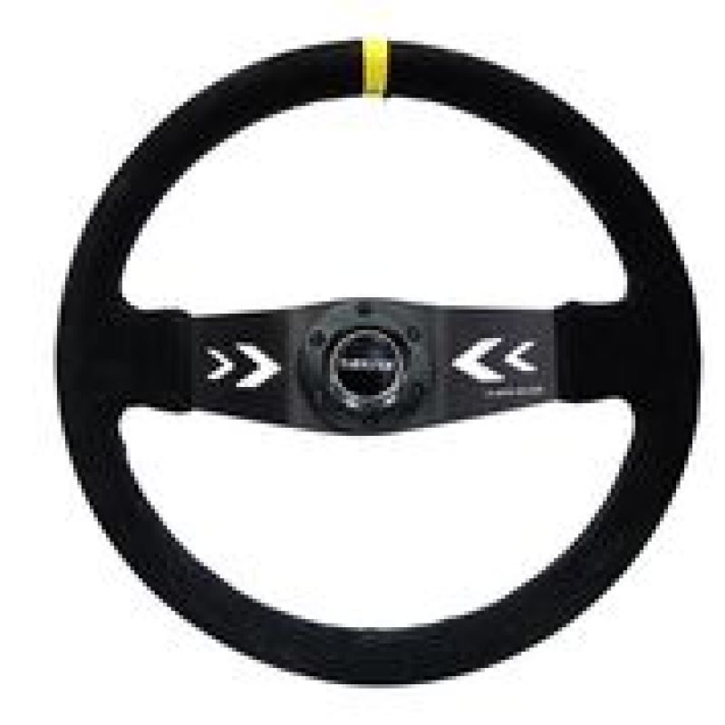 NRG Reinforced Steering Wheel (350mm / 3in. Deep) Blk Suede w/NRG Arrow Cut 2-Spoke & Yellow Mark