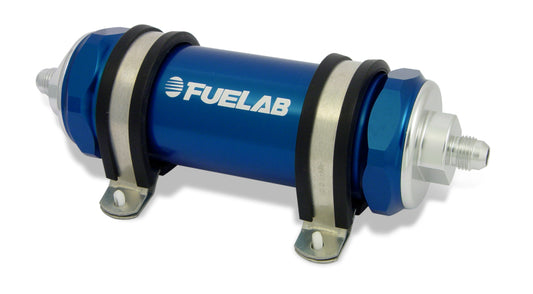 Fuelab 858 In-Line Fuel Filter Long -8AN In/Out 100 Micron Stainless w/Check Valve - Blue