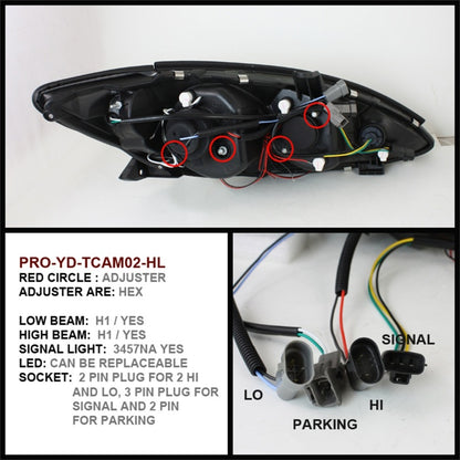 Spyder Toyota Camry 02-06 Projector Headlights LED Halo LED Black High H1 Low H1 PRO-YD-TCAM02-HL-BK