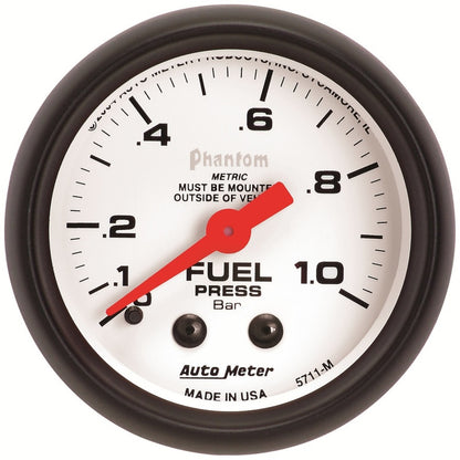 Autometer Phantom 2-1/16in 0-1.0 Bar Mechanical Fuel Pressure Gauge