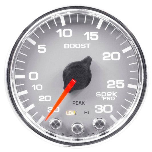 Autometer Spek-Pro Gauge Vac/Boost 2 1/16in 30Inhg-30psi Stepper Motor W/Peak & WarnSilver/Chrome