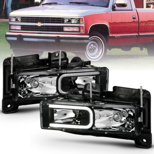 ANZO 1999-2000 Cadillac Escalade Crystal Headlights Light Bar Black Housing (Pair)