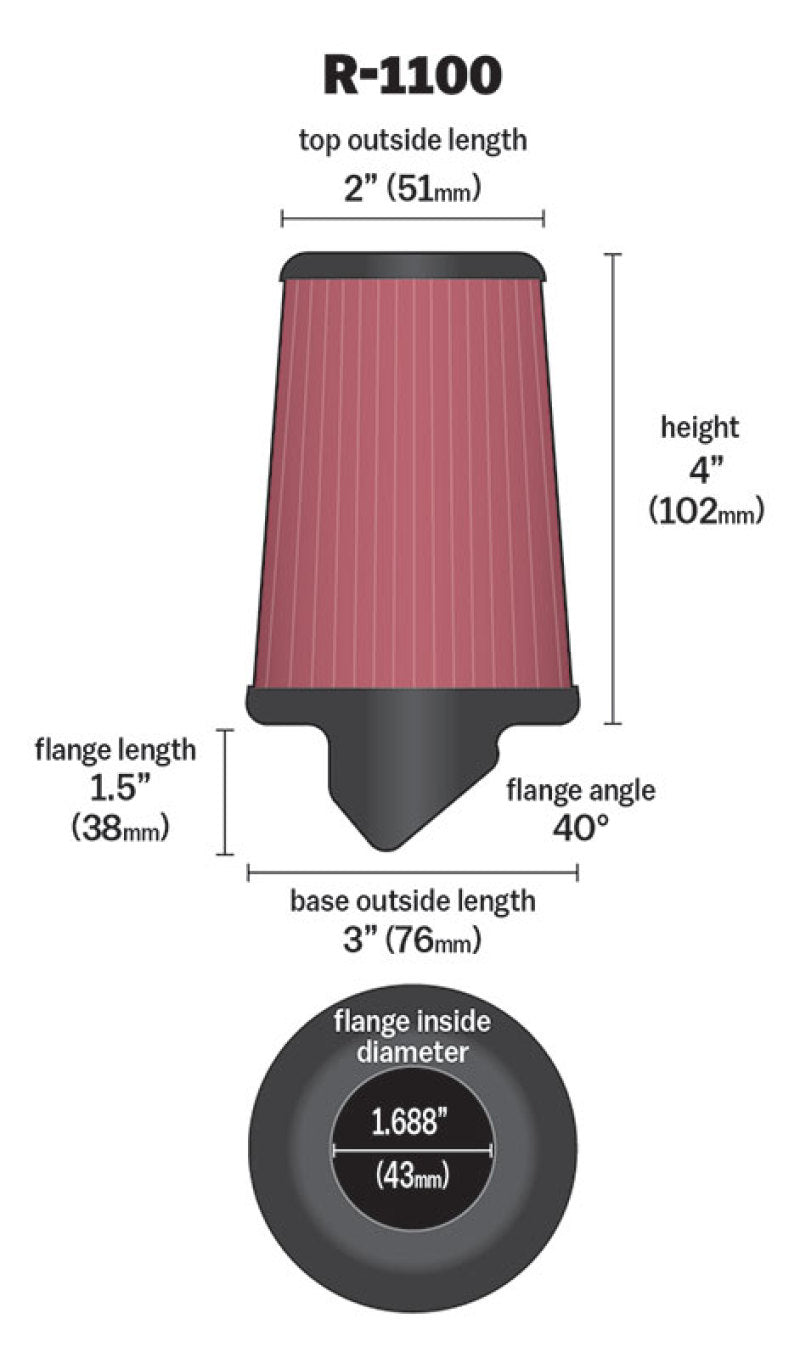 K&N Universal Rubber Filter Round Tapered 3in Base OD x 2in Top OD x 4in H - 73-78 Honda ATC90