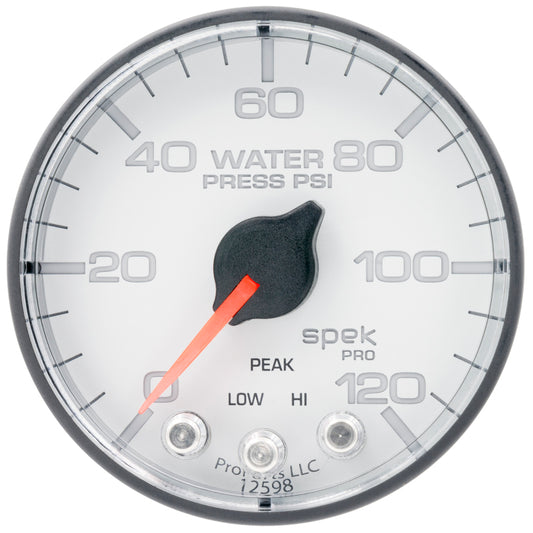 Autometer Spek-Pro 2 1/16in 120PSI Stepper Motor W/Peak & Warn White/Black Water Pressure Gauge