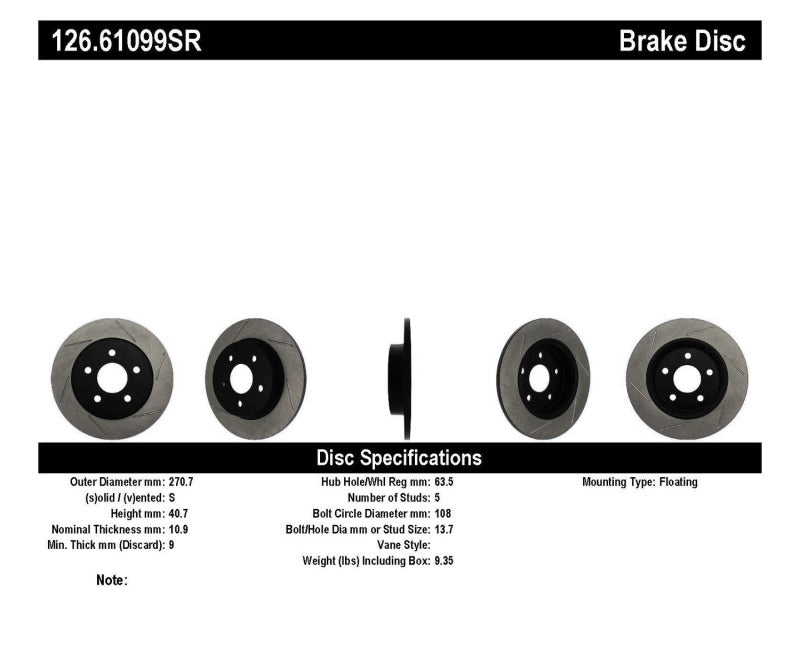 StopTech 13 Ford Focus ST Slotted Right Rear Rotor