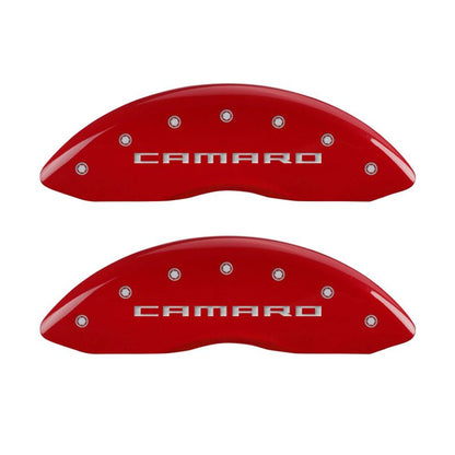 MGP 4 Caliper Covers Engraved Front Gen 5/Camaro Engraved Rear Gen 5/RS Red finish silver ch