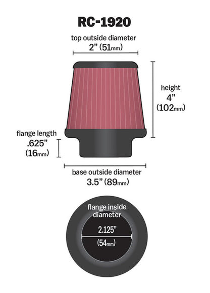 K&N Universal Clamp-On Air Filter 2-1/8in Flange 3-1/2in Base 2in Top 4in Height