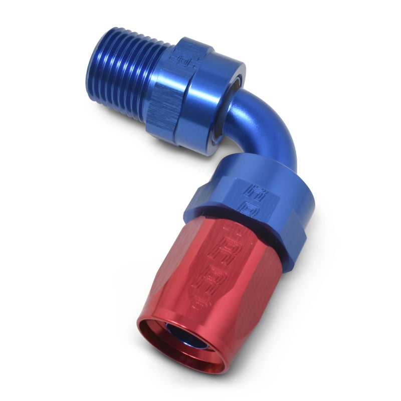 Russell Performance -10 AN Red/Blue 90 Deg Full Flow Swivel Pipe Thread Hose End (With 1/2in NPT)