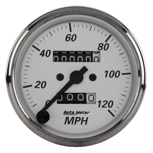 Autometer 3-1/8in Silver Bezel/White Face 120mph Mechanical In-Dash Tacho/Speedometer w/ Trip Gauge