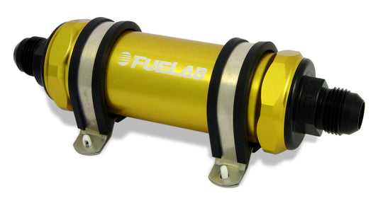 Fuelab 858 In-Line Fuel Filter Long -10AN In/Out 100 Micron Stainless w/Check Valve - Gold