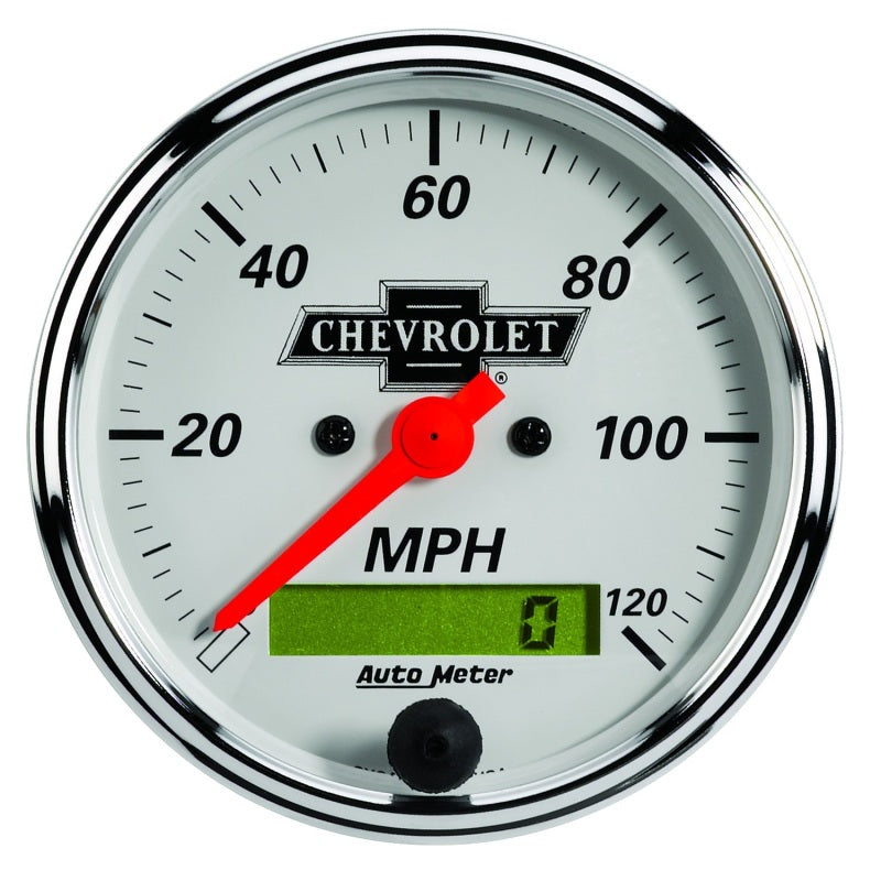 AutoMeter Gauge Speedo 3-1/8in. 120MPH Elec Prog W/ Lcd Odo Chevrolet Heritage Bowtie