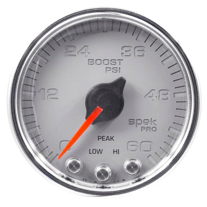 Autometer Spek-Pro Gauge Boost 2 1/16in 60psi Stepper Motor W/Peak & Warn Slvr/Chrm