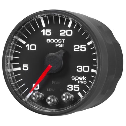 Autometer Spek-Pro Gauge Boost 2 1/16in 35psi Stepper Motor W/Peak & Warn Black/Black