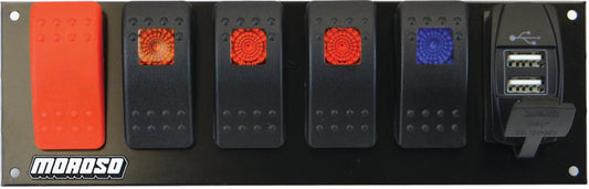 Moroso Rocker Switch Panel - Flat Surface Mount - LED w/USB - 2.488in x 7.85in -Five On/Off Switches