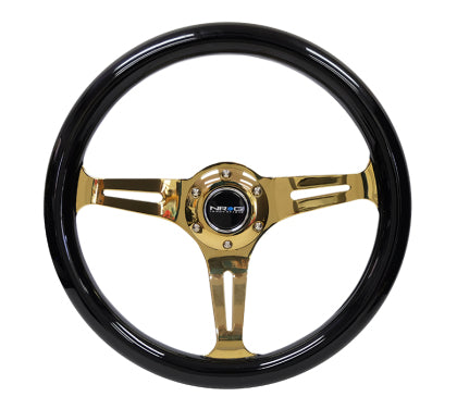 NRG - Classic Wood Grain Steering Wheel (350mm) Black Grip w/Chrome Gold 3-Spoke Center