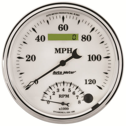 AutoMeter Gauge Tach/Speedo 5in. 120MPH & 8K RPM Elec. Program Old Tyme White II