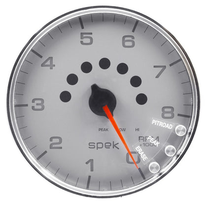 Autometer Spek-Pro Gauge Tachometer 5in 8K Rpm W/Shift Light & Peak Mem Silver/Chrome