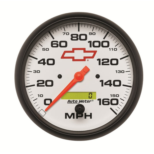 AutoMeter Gauge Speedometer 5in. 160MPH Elec. Programmable Chevy Red Bowtie White