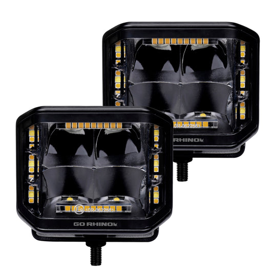 Go Rhino Xplor Blackout Combo Series Cube Sideline LED Spot Lights w/ Amber 4x3 - Blk (Pair)