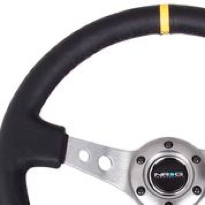 NRG - Reinforced Steering Wheel (350mm / 3in. Deep) Blk Leather w/Gunmetal Cutout Spoke & Yellow CM