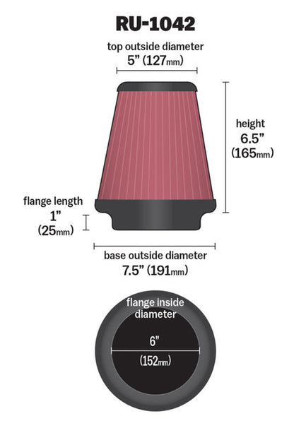 K&N Universal Clamp-On Air Filter 6in FLG / 7-1/2in B / 5in T / 6-1/2in H