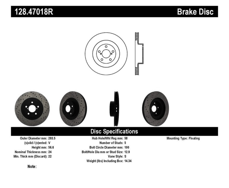 StopTech 02-10 WRX Drilled Right Front Rotor