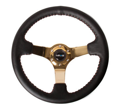 NRG - Reinforced Steering Wheel (350mm / 3in. Deep) Blk Leather/Red BBall Stitch w/4mm Gold Spokes