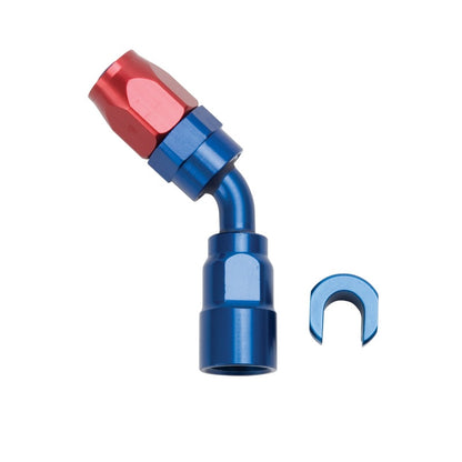 Russell Performance 5/16in SAE Quick Disc Female to -6 Hose Red/Blue 45 Degree Hose End