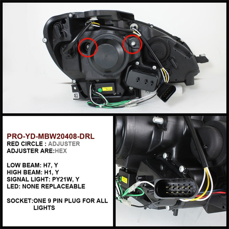 Spyder Mercedes Benz C-Class 08-11 Projector Headlights Halogen - DRL Blk PRO-YD-MBW20408-DRL-BK