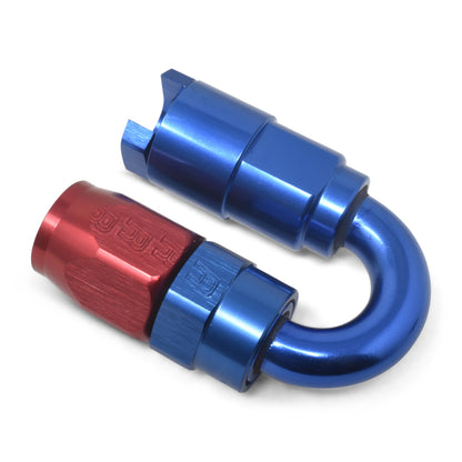 Russell Performance 3/8in SAE Quick Disc Female to -6 Hose Red/Blue 180 Degree Hose End