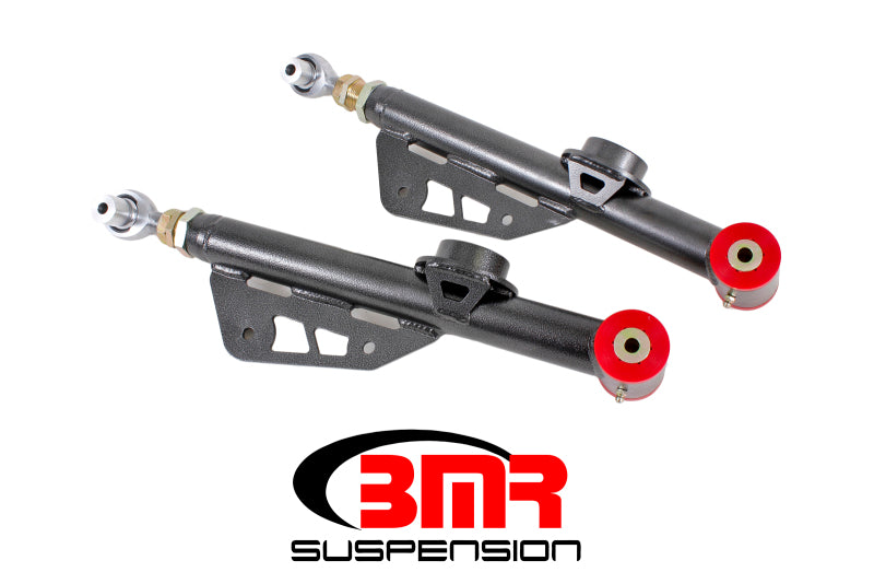 BMR 79-98 Fox Mustang On-Car Adj. Lower Control Arms Poly / Rod End Combo - Black Hammertone