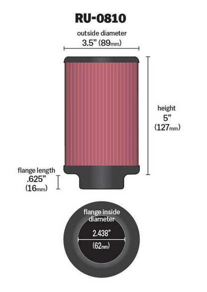 K&N Universal Rubber Filter 2.438in Flange ID x 3.5in OD x 5in Height for 97-98 Yamaha TDM850